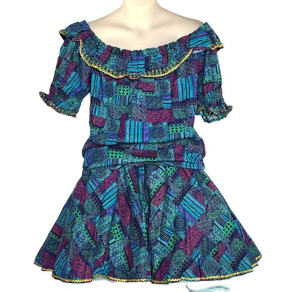 Vintage Square Dance Outfit Lot Medium Blue Floral Off Shoulder - Picture 5 of 12